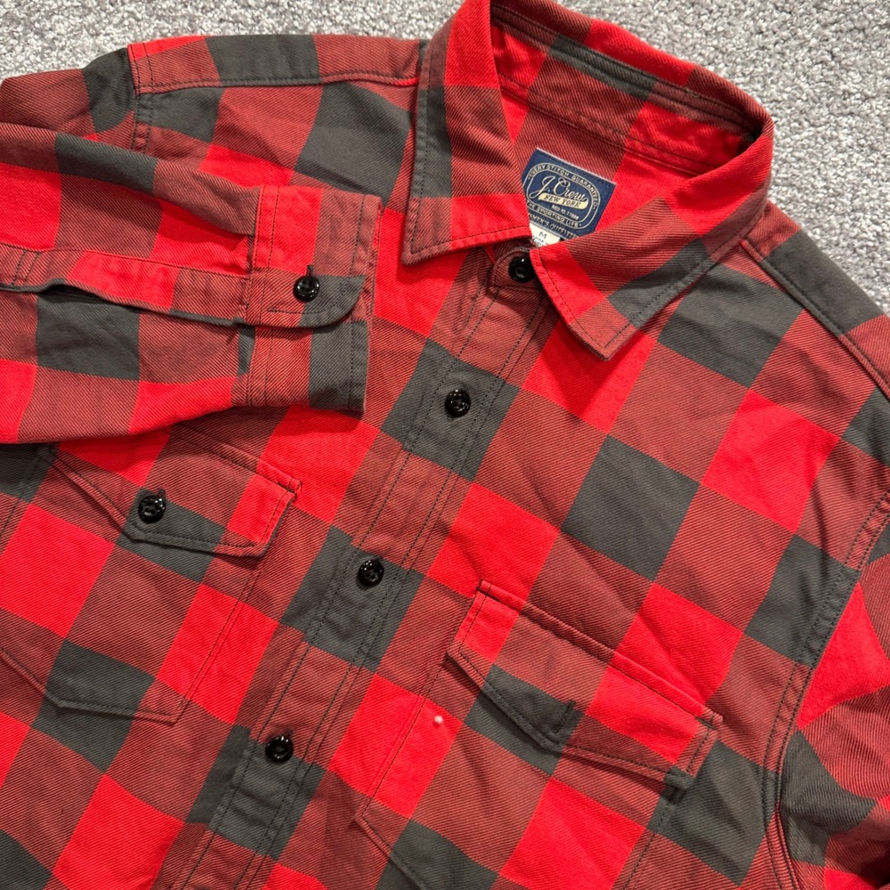 J Crew Shirt Mens M Red Gray Buffalo Check 100% Cotton Flannel Workwear Outdoor